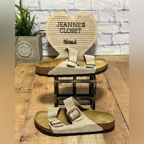 Birkenstock Arizona Soft Footbed Taupe Suede Leather Casual Unisex's Sandals - Picture 3 of 10